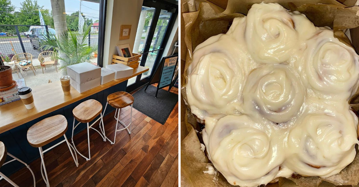 Beach Buns Bakery interior and glazed cinnamon rolls as featured in My Family Travels